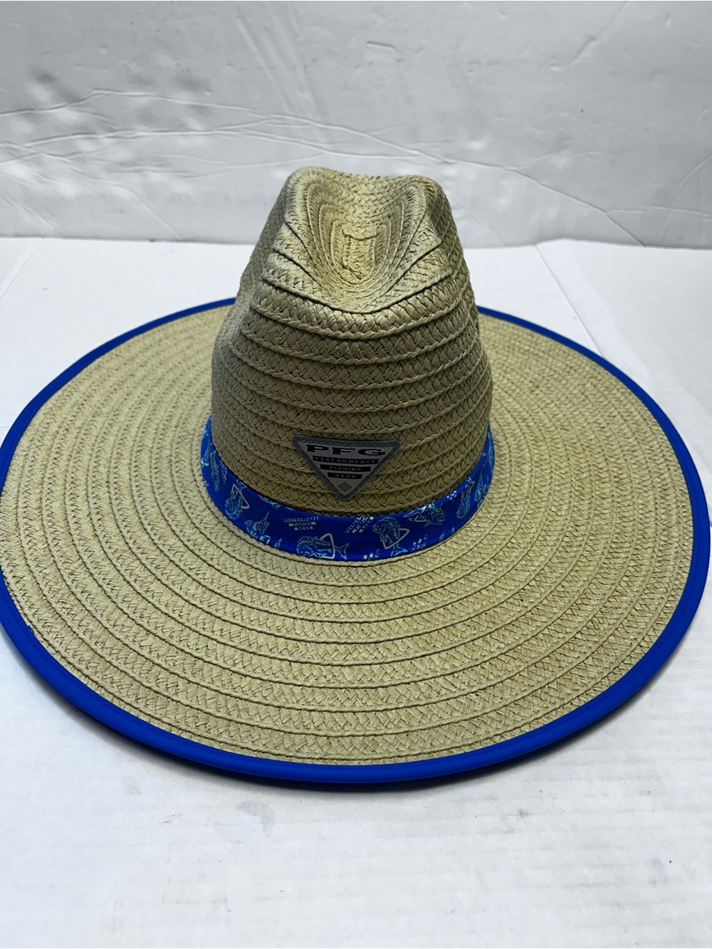PFG Straw Sun Hat with Blue Trim unisex S/M